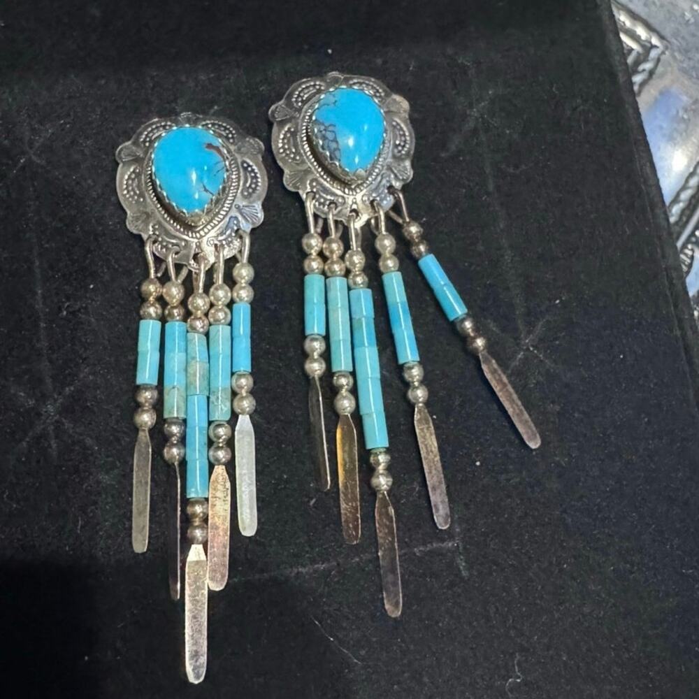 Signed Q.T. Quoc Sterling Silver Turquoise Fringe Earrings